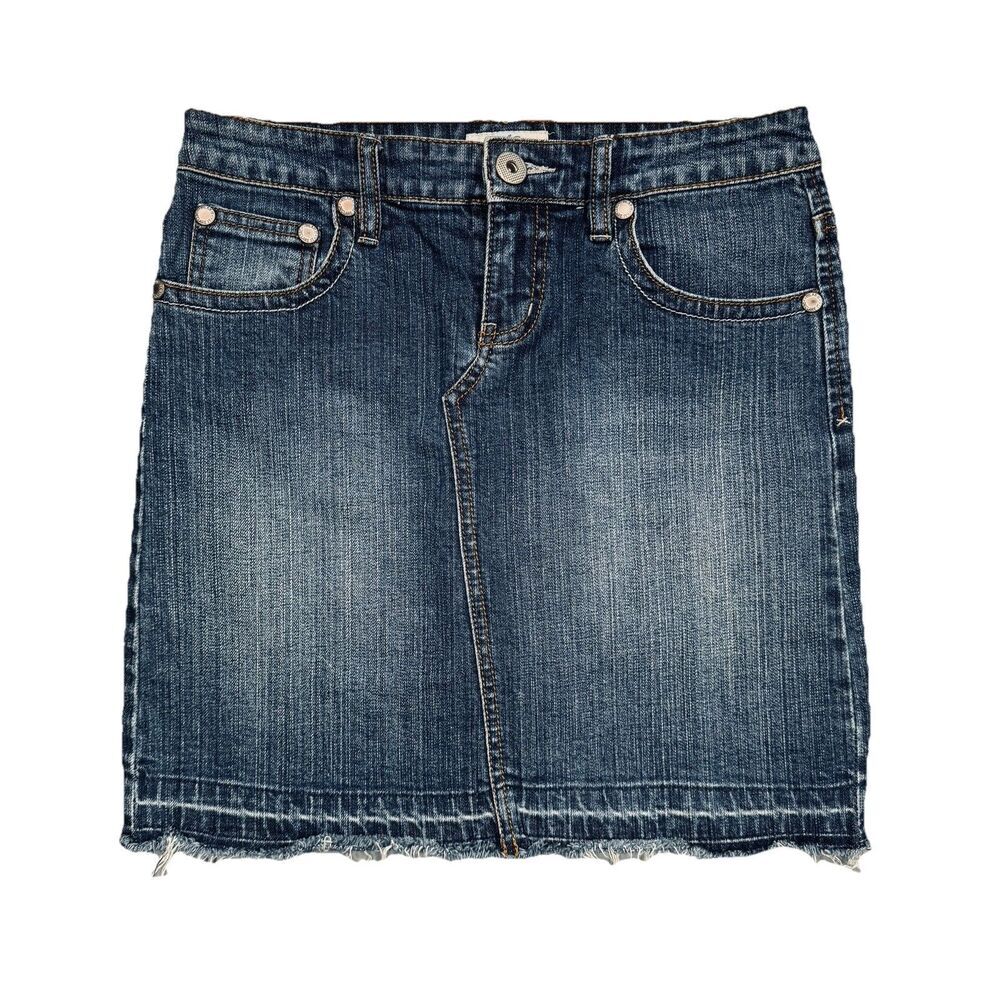 SO Denim Skirt 3 (28x17) Blue Jeans Denim Stretch Embroidered Raw Hem Above Knee